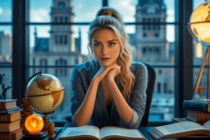 Jovem loira sentada à mesa com dois globos e livros, fundo de cidade visível pela janela
