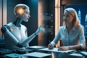 Robô e humana gesticulando conceitos com hologramas