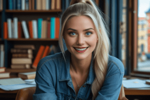 Mulher em biblioteca com livros alinhados atrás dela