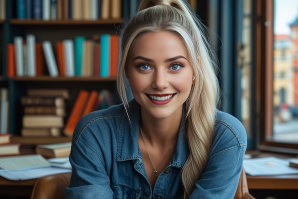 Mulher em biblioteca com livros alinhados atrás dela