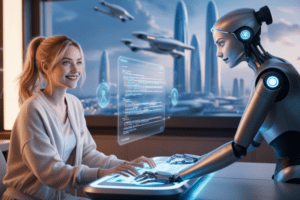 Robô humanoide tocando painel com cidade ao fundo